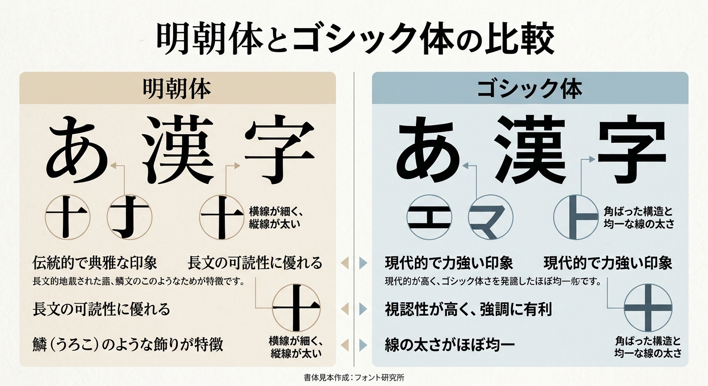 明朝体とゴシック体の比較イメージ