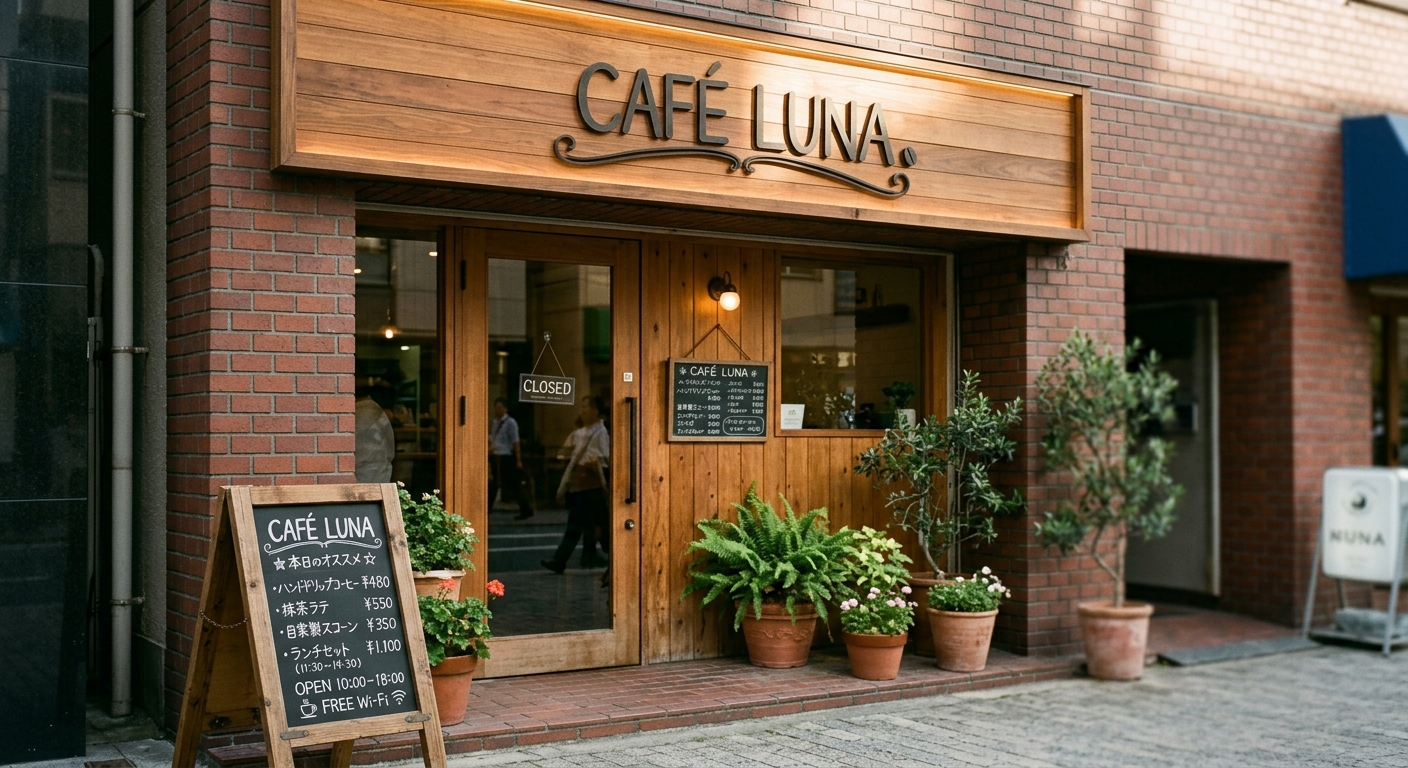 店舗正面の壁面に取り付けられたファサード看板