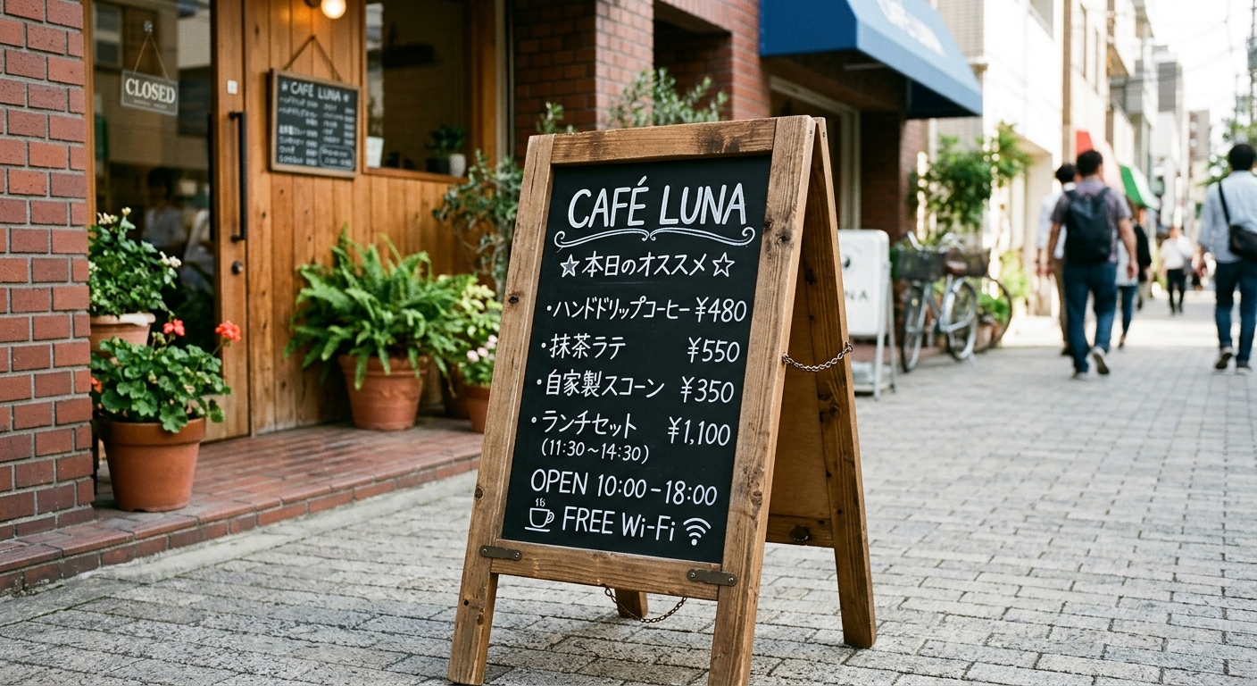 店舗の入口付近に置かれたA型スタンド看板
