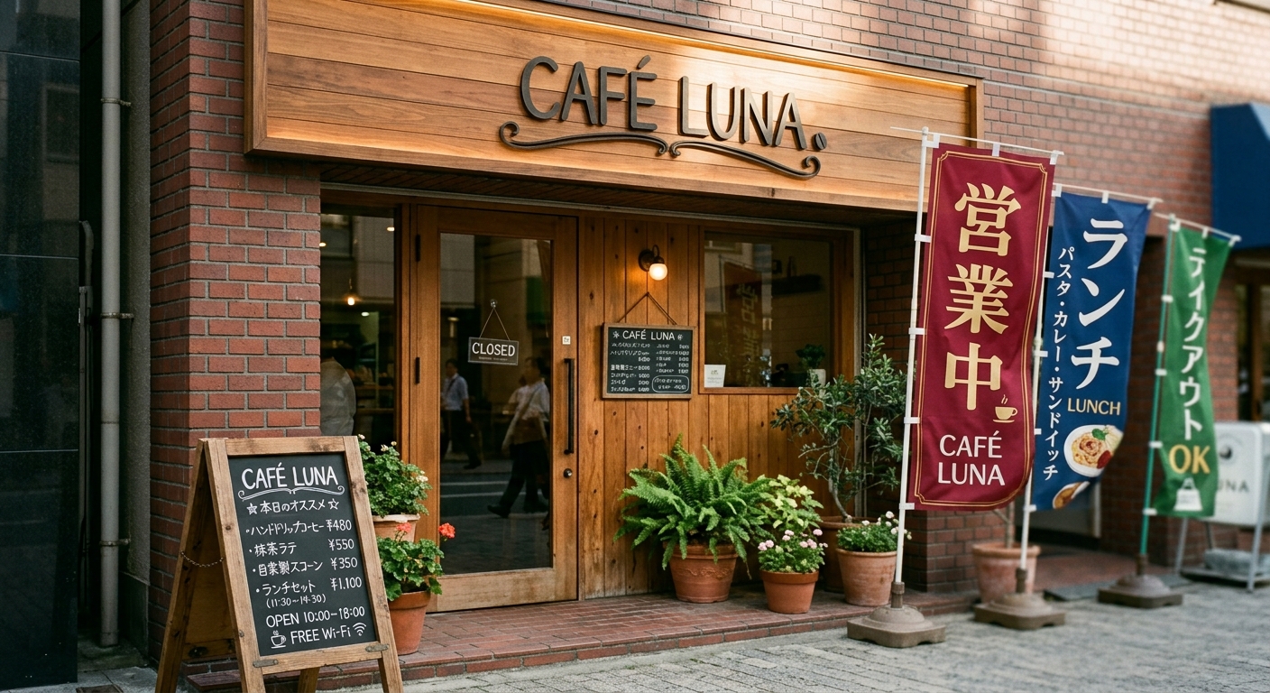 店舗前にはためく営業中ののぼり旗